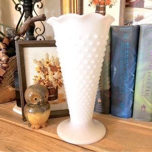 Vintage Fire King Dots and Dash 9” Tall Milkglass Vase- Mid Century Mod